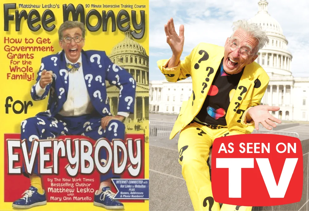 Matthew Lesko's Free Money book cover and Matthew Lesko in a yellow question mark suit in front of the U.S. Capitol